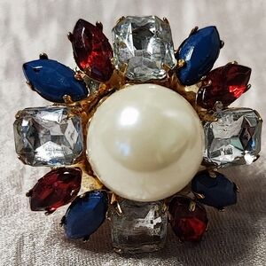 SCAASI CN Clear Rhinestone Red Blue Gold Tone Large Faux Pearl Cocktail Ring 9